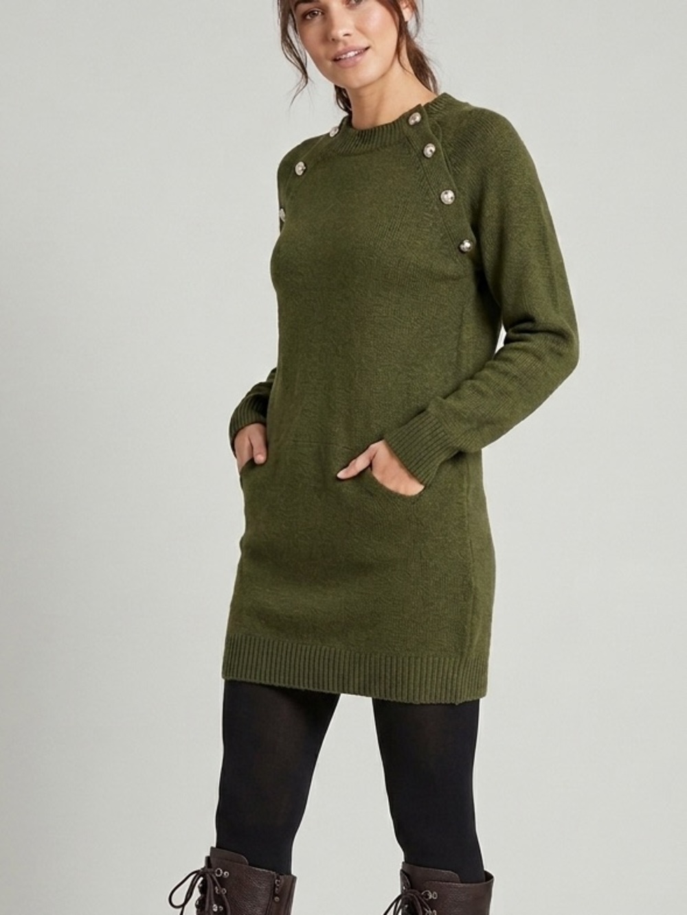 PRETTYGARDEN Army Green Knit Sweater Dress with Button Detail Size Small